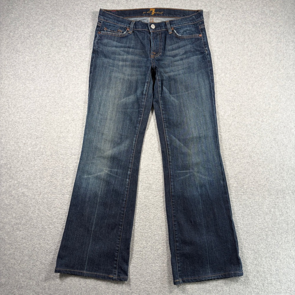 7 For All Mankind Flare Jeans Women 29 Blue Dark Wash Distressed Low Rise
